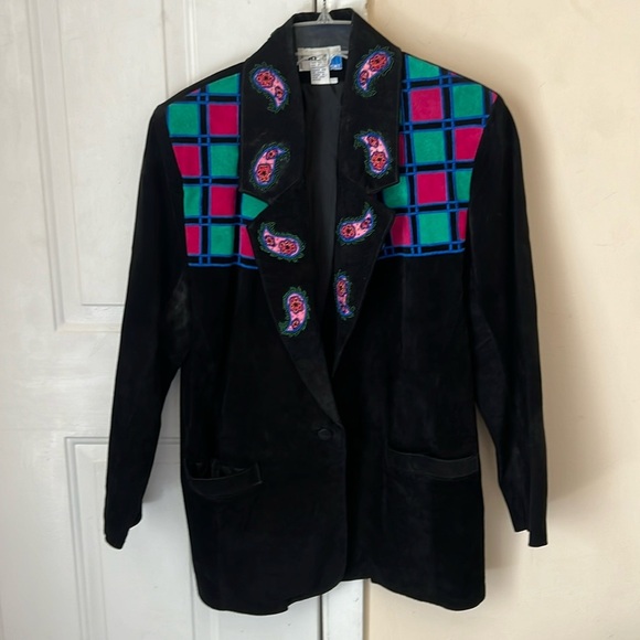 Erez Sport Vintage 80s Black Leather Check & Beaded Paisley Jacket Coat Size L - Picture 4 of 12